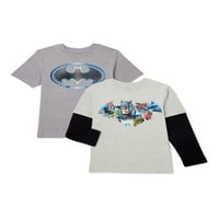 Стрипови Batman Boys Steel Logo Graphic Two Toned долги и кратки ракави маици, пакет, големини 4-18