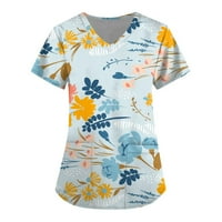 Женско Лето Цветни Печатење Краток Ракав V-Вратот Блузи Работен Џеб Блуза