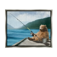 Стапче мечка риболов пол -езерски пристаниште животни и инсекти Сликање сив пловиј врамен уметнички печатен wallид уметност