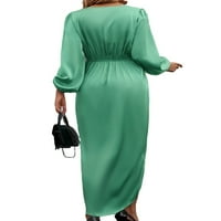 Елегантен V Вратот Опремени Фустан Долги Ракави Зелени Женски Фустани XL