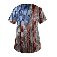 Женски Врвови Краток Ракав Денот На Независноста Блуза Печатени Дами Лето V-Вратот Мода Темно Сива XL