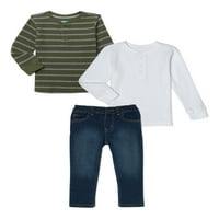 Garanimals Baby Boy Boy & Toddler Boy Thermal Henley T-Shirt & Denim Jeans Outfit Set, 3-парчиња