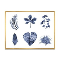 DesignArt 'Апстрактниот сет на растителни лисја сини' традиционално врамено платно wallидно печатење
