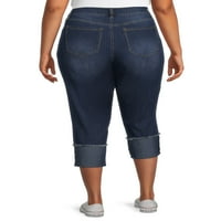 Деним женски плус големина ролна манжетна Капри фармерки