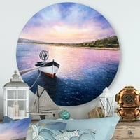 DesignArt 'живописно зајдисонце над риболов брод покрај брегот' езерото куќа метална wallидна уметност - диск од 11