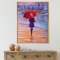 DesignArt 'Девојчето одење со црвен чадор под дождот' Француска земја врамена платно wallидна уметност печатење